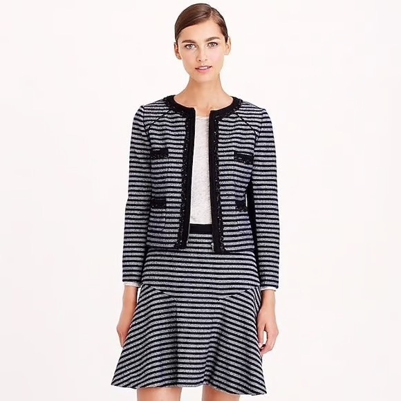 NWT J. Crew Cropped Navy Striped Tweed Wool Lady Jacket Blazer, Size 10 - Picture 1 of 13